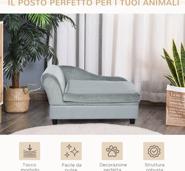 PawHut Divano per Cani con Spazio Portaoggetti e Cuscino, in Legno e Poliestere, 76x45x43 cm, Grigio Chiaro