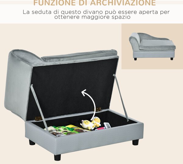 PawHut Divano per Cani con Spazio Portaoggetti e Cuscino, in Legno e Poliestere, 76x45x43 cm, Grigio Chiaro