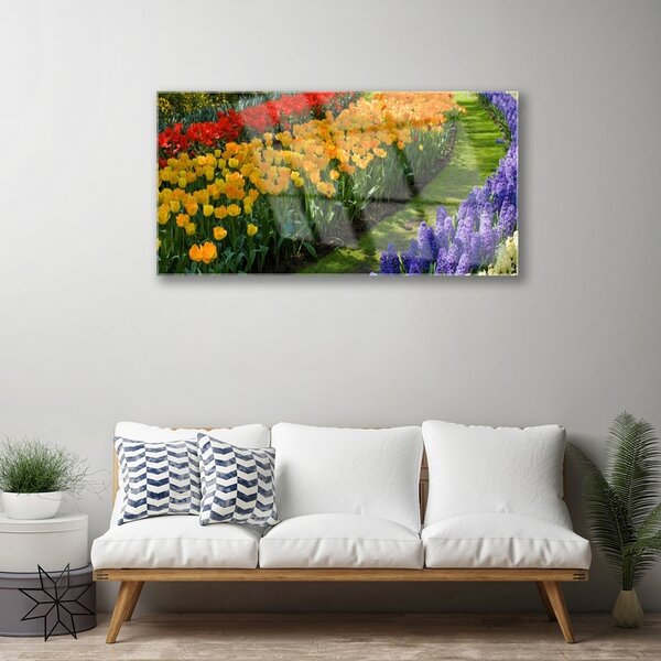 Quadro in vetro Fiori Giardino Tulipani 100x50 cm 2 appendini