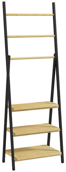 HOMCOM Portasciugamani Pieghevole con 3 Barre e 3 Ripiani, in Bambù e Acciaio, 53x31x153 cm, Nero e color Legno