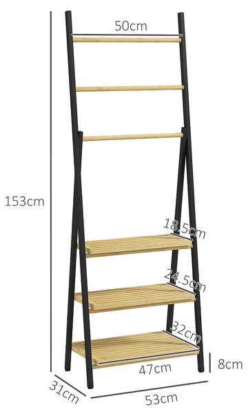 HOMCOM Portasciugamani Pieghevole con 3 Barre e 3 Ripiani, in Bambù e Acciaio, 53x31x153 cm, Nero e color Legno