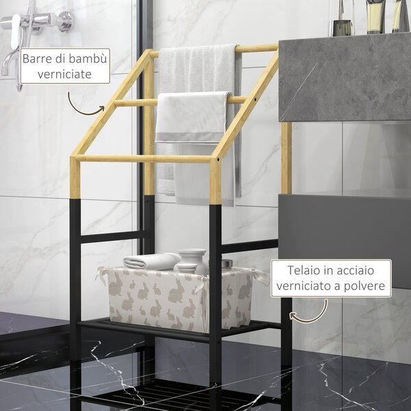 HOMCOM Portasciugamani a Terra con 3 Barre e Ripiano Inferiore, in Bambù e Acciaio, 51x31x85.5 cm, Nero e color Legno
