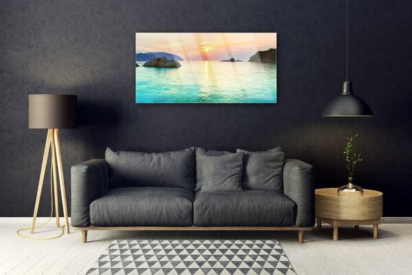 Quadro vetro Sole Rocce Mare Paesaggio 100x50 cm 2 appendini