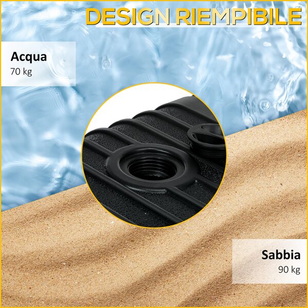 Outsunny Base Ombrellone Giardino Riempibile con Acqua e Sabbia 70-90 kg, Ruote e Maniglia in HDPE, 80x60 cm, Nero