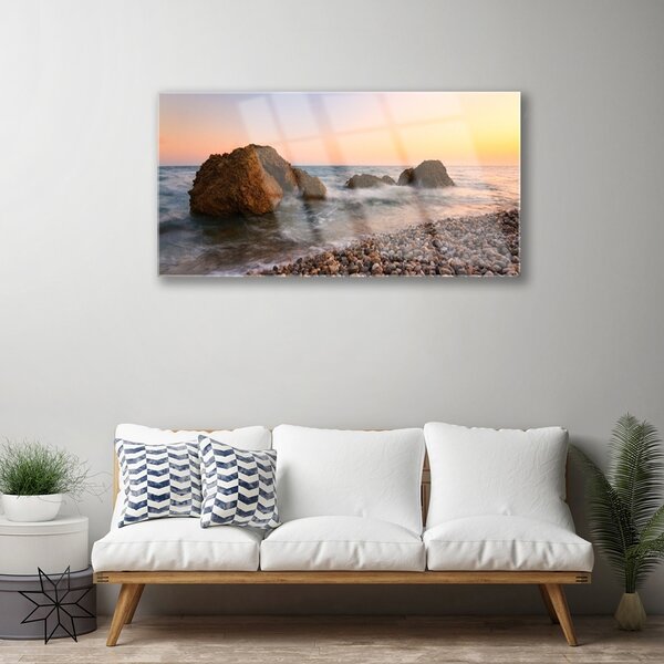 Quadro in vetro Onde del mare costiero Rocce 100x50 cm 2 appendini