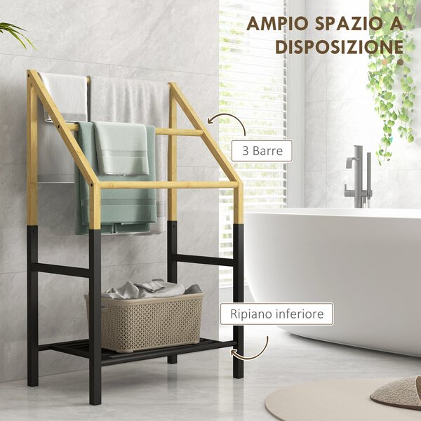 HOMCOM Portasciugamani a Terra con 3 Barre e Ripiano Inferiore, in Bambù e Acciaio, 51x31x85.5 cm, Nero e color Legno