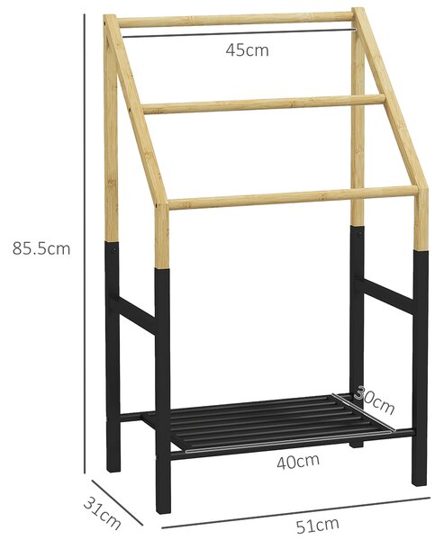 HOMCOM Portasciugamani a Terra con 3 Barre e Ripiano Inferiore, in Bambù e Acciaio, 51x31x85.5 cm, Nero e color Legno