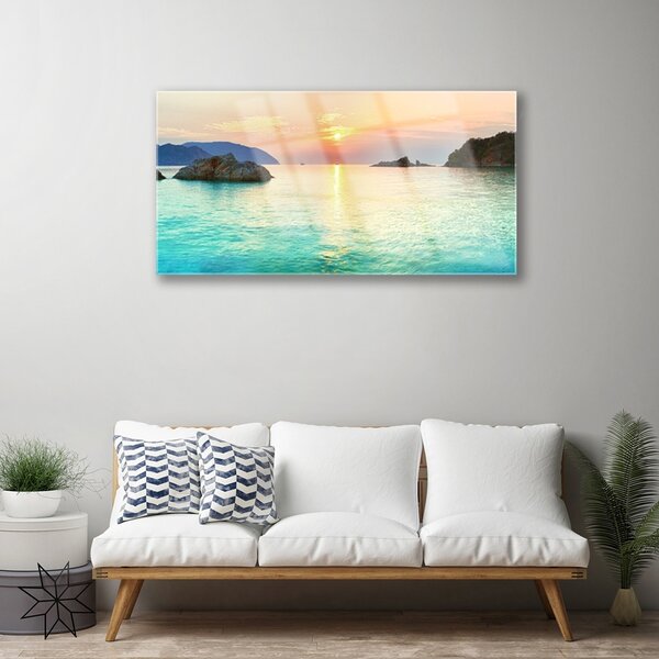 Quadro vetro Sole Rocce Mare Paesaggio 100x50 cm 2 appendini