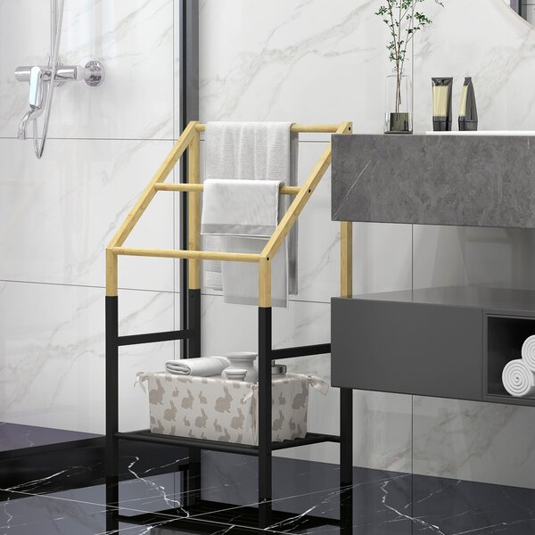 HOMCOM Portasciugamani a Terra con 3 Barre e Ripiano Inferiore, in Bambù e Acciaio, 51x31x85.5 cm, Nero e color Legno