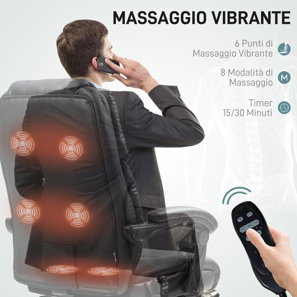 HOMCOM Poltrona Ufficio Massaggiante e Riscaldata con Schienale Reclinabile e Poggiapiedi, Sedia da Ufficio in Pelle PU, Nero|Aosom Italy