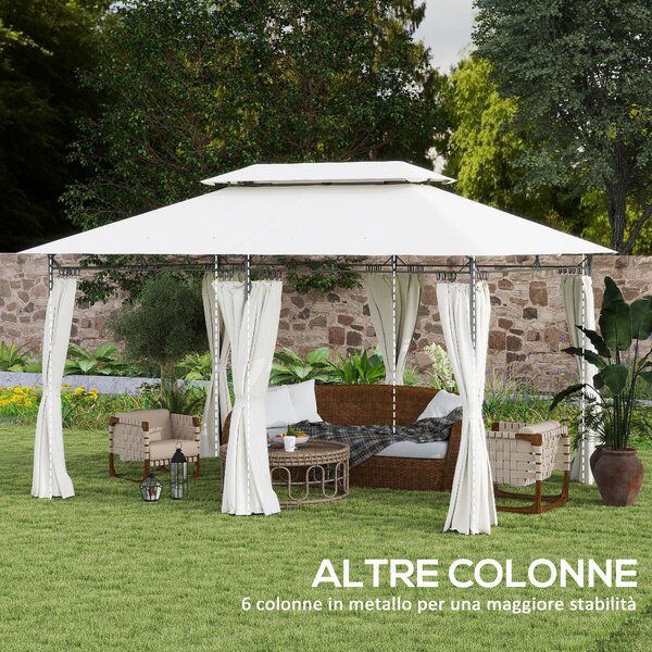 Outsunny Gazebo da Giardino 3x4 m con Tende Rimovibili, Doppio Tetto e Struttura in Metallo, Crema