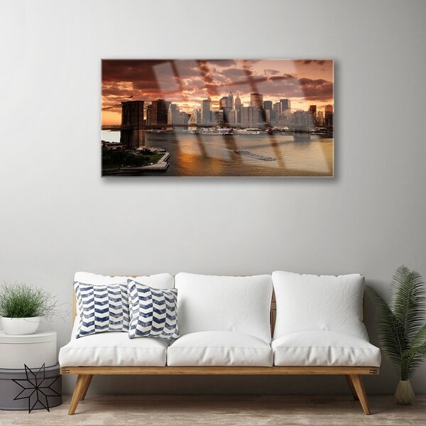Quadro in vetro Ponte della città di Brooklyn 100x50 cm 2 appendini