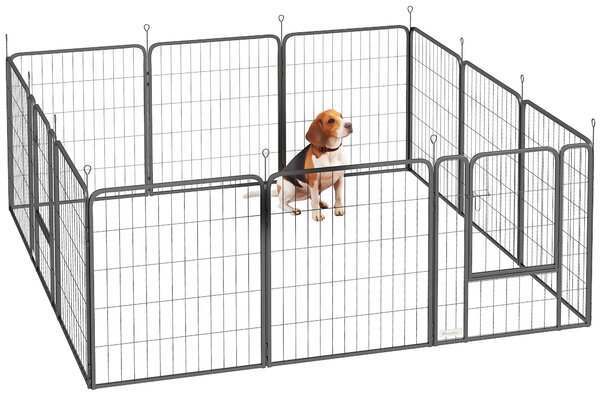 PawHut Recinto per Cani a 12 Pannelli Modulabili da 68x1.5x80cm in Acciaio Nero con Porta di Ingresso