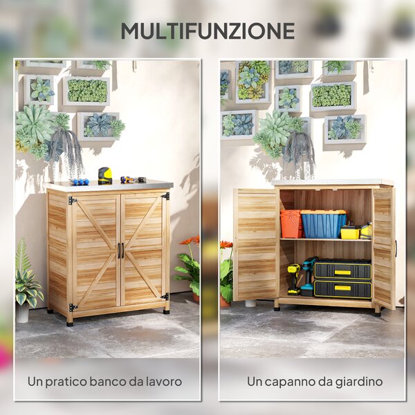Outsunny Armadio da Esterno con Ripiano Interno e Banco da Lavoro, in Legno e Acciaio Zincato, 79x43x92 cm, color Legno