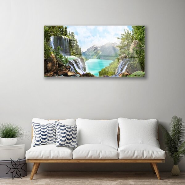 Quadro vetro Cascata di Bay Mountain 100x50 cm 2 appendini