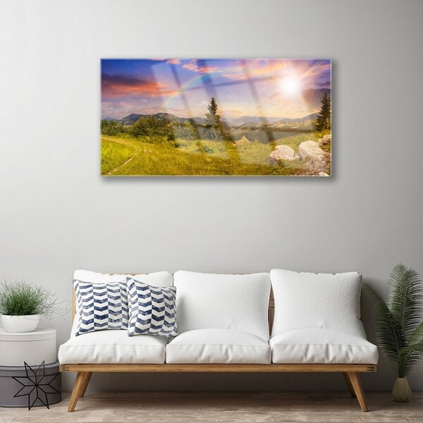 Quadro vetro Montagne Prato Natura Cielo 100x50 cm 2 appendini
