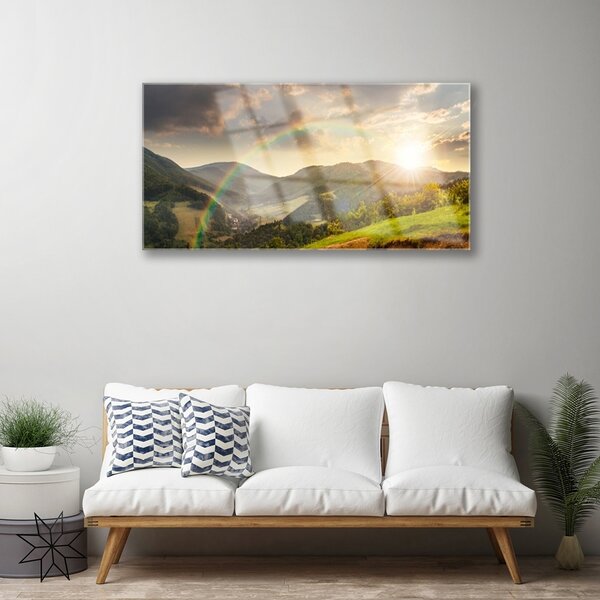 Quadro in vetro Tramonto sulle montagne di Meadow 100x50 cm 2 appendini