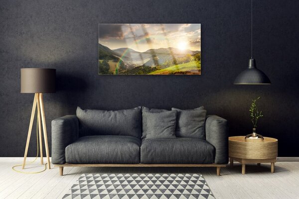 Quadro in vetro Tramonto sulle montagne di Meadow 100x50 cm 2 appendini