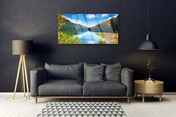Quadro su vetro Montagne Foresta Natura Lago 100x50 cm 2 appendini