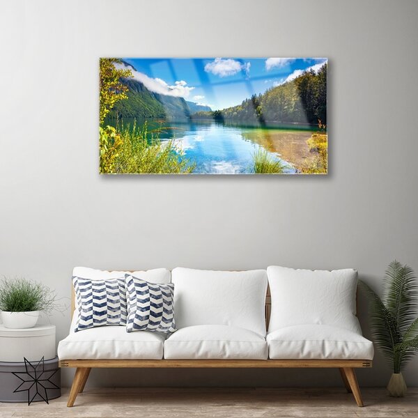 Quadro su vetro Montagne Foresta Natura Lago 100x50 cm 2 appendini