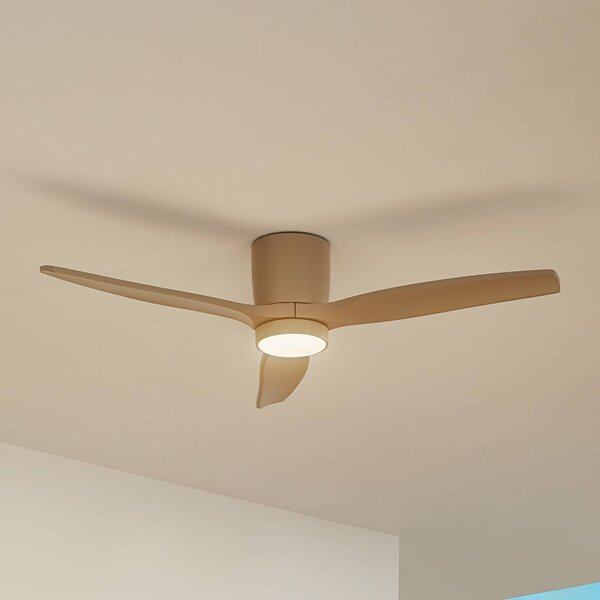 Ventilatore da soffitto LED Lucande Sorin, beige, DC, silenzioso, IP44 Sorin, Crema / Ambra, Soggiorno / Sala da pranzo, Metallo, Moderno