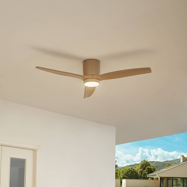 Ventilatore da soffitto LED Lucande Sorin, beige, DC, silenzioso, IP44 Sorin, Crema / Ambra, Soggiorno / Sala da pranzo, Metallo, Moderno