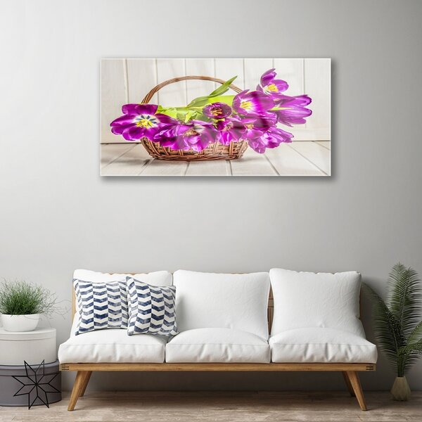Quadro su vetro Fiori in un cesto 100x50 cm 2 appendini