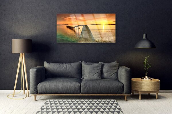 Quadro vetro Mare Sole Ponte Paesaggio 100x50 cm 2 appendini