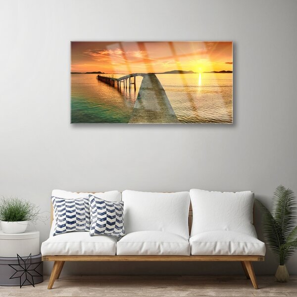 Quadro vetro Mare Sole Ponte Paesaggio 100x50 cm 2 appendini