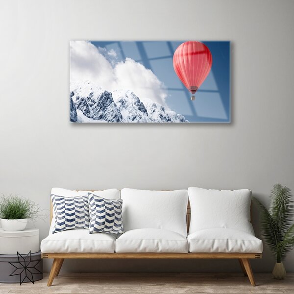 Quadro in vetro Mongolfiera Cime di montagna Inverno 100x50 cm 2 appendini