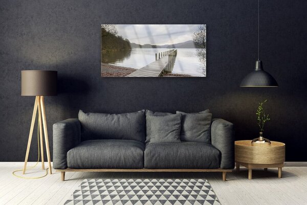 Quadro su vetro Ponte dell'architettura del lago 100x50 cm 2 appendini