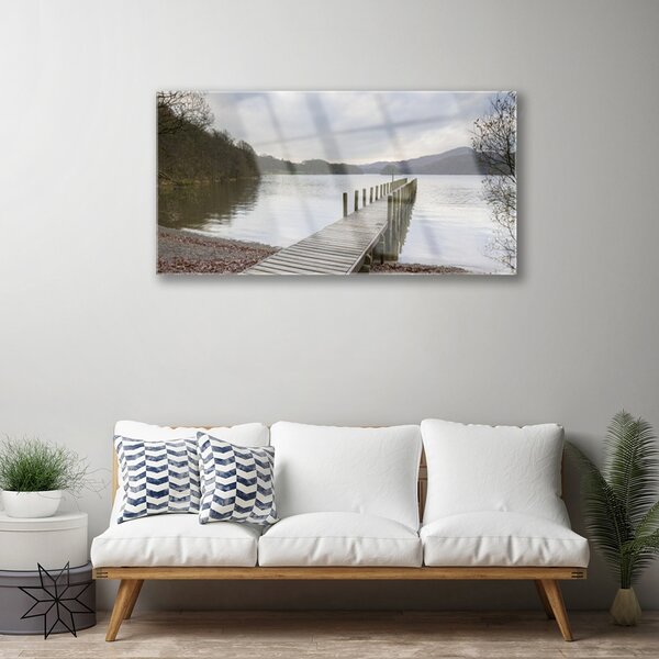 Quadro su vetro Ponte dell'architettura del lago 100x50 cm 2 appendini