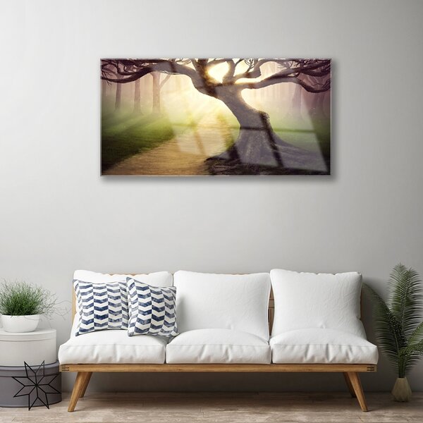 Quadro in vetro Albero Raggi di sole 100x50 cm 2 appendini