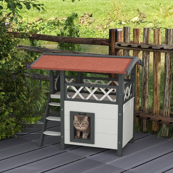PawHut Casetta per Gatti da Esterno con Terrazza e Scaletta in Legno, 77x50x73cm, Bianco e Grigio|Aosom