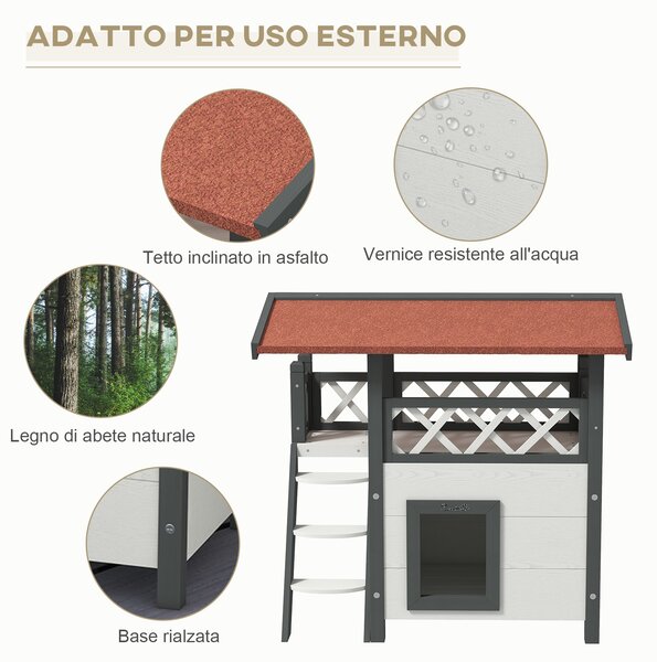 PawHut Casetta per Gatti da Esterno con Terrazza e Scaletta in Legno, 77x50x73cm, Bianco e Grigio|Aosom