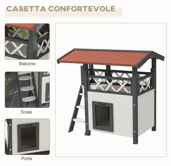 PawHut Casetta per Gatti da Esterno con Terrazza e Scaletta in Legno, 77x50x73cm, Bianco e Grigio|Aosom