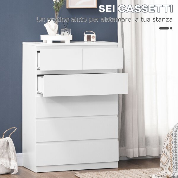 HOMCOM Cassettiera 6 Cassetti con Design Antiribaltamento, in Truciolato, 80x39x115 cm, Bianco|Aosom