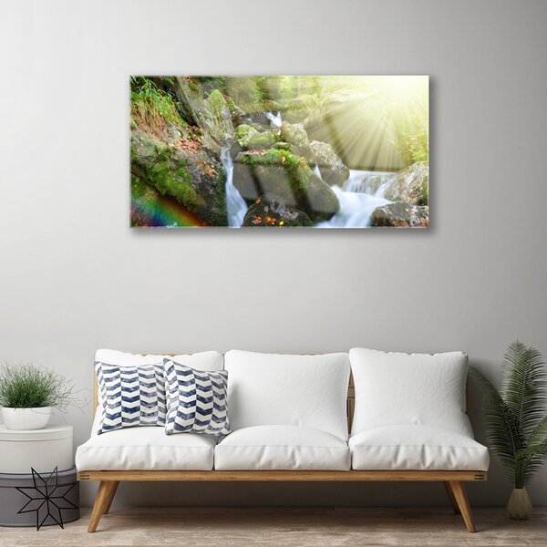 Quadro su vetro Cascata Arcobaleno Natura Torrente 100x50 cm 2 appendini