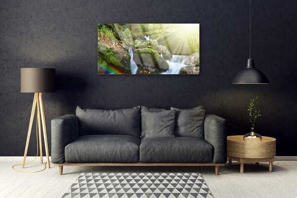 Quadro su vetro Cascata Arcobaleno Natura Torrente 100x50 cm 2 appendini