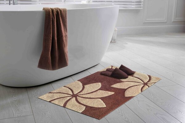 Tappeto arredo bagno Loto in cotone con fiori in rilievo 50X80 Caffè