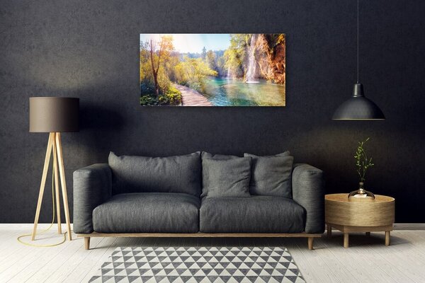 Quadro in vetro Lago Paesaggio Cascata 100x50 cm 2 appendini