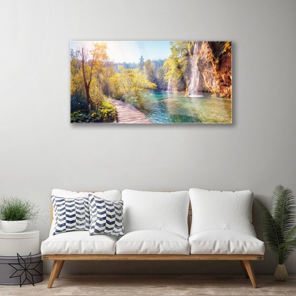 Quadro in vetro Lago Paesaggio Cascata 100x50 cm 2 appendini