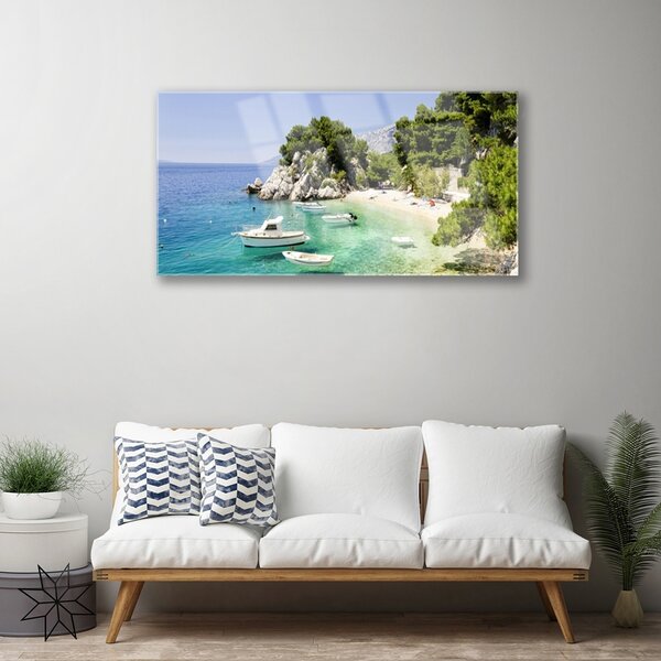 Quadro in vetro Spiaggia di mare Rocks Boats 100x50 cm 2 appendini