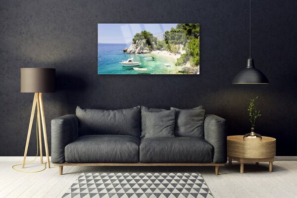 Quadro in vetro Spiaggia di mare Rocks Boats 100x50 cm 2 appendini