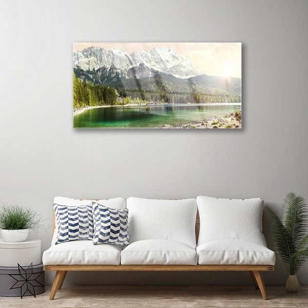 Quadro su vetro Montagne Foresta Lago Paesaggio 100x50 cm 2 appendini