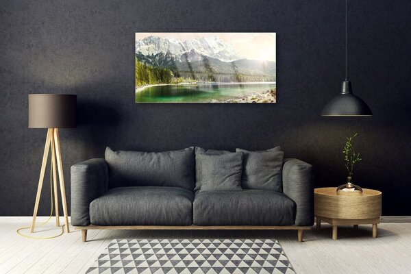 Quadro su vetro Montagne Foresta Lago Paesaggio 100x50 cm 2 appendini