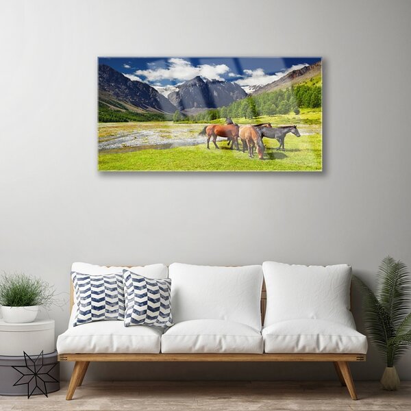 Quadro in vetro Montagne Alberi Cavalli Animali 100x50 cm 2 appendini