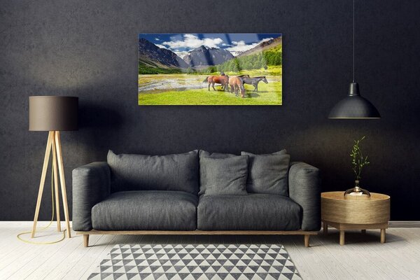 Quadro in vetro Montagne Alberi Cavalli Animali 100x50 cm 2 appendini