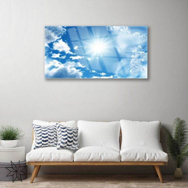 Quadro di vetro Sole Nuvole Cielo Blu 100x50 cm 2 appendini