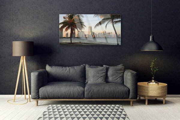 Quadro su vetro Palme Città tropicale Mare 100x50 cm 2 appendini
